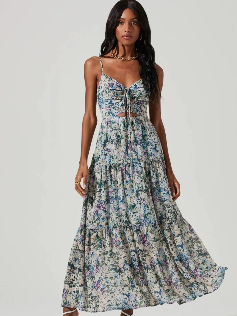 Astr Floral Tie-Front Maxi Dress in White, Blue and Green